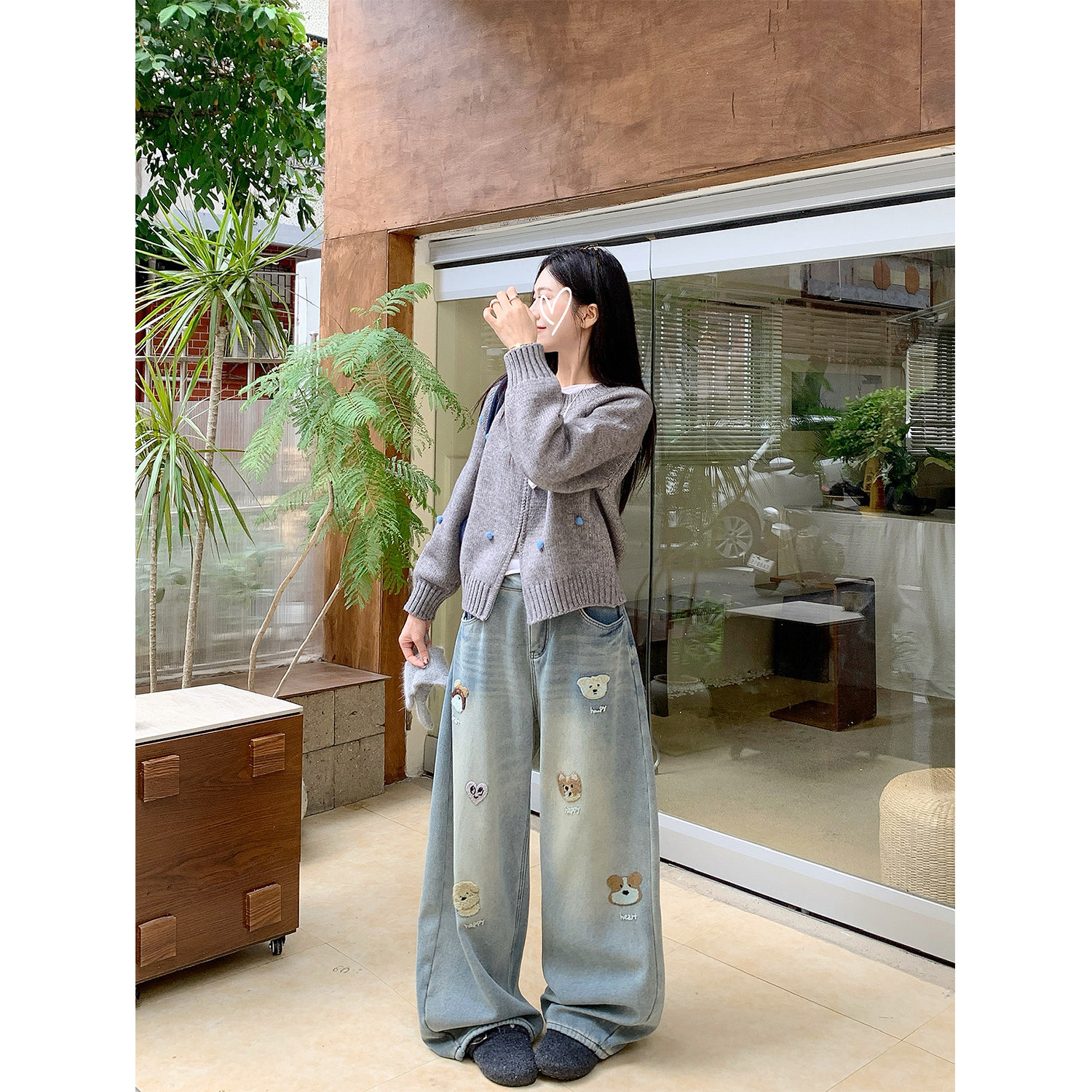 大码女装绝美小狗刺绣牛仔裤胖mm秋冬加绒美式复古宽松直筒阔腿裤,淘宝优惠券,粉丝福利购,淘宝优惠卷