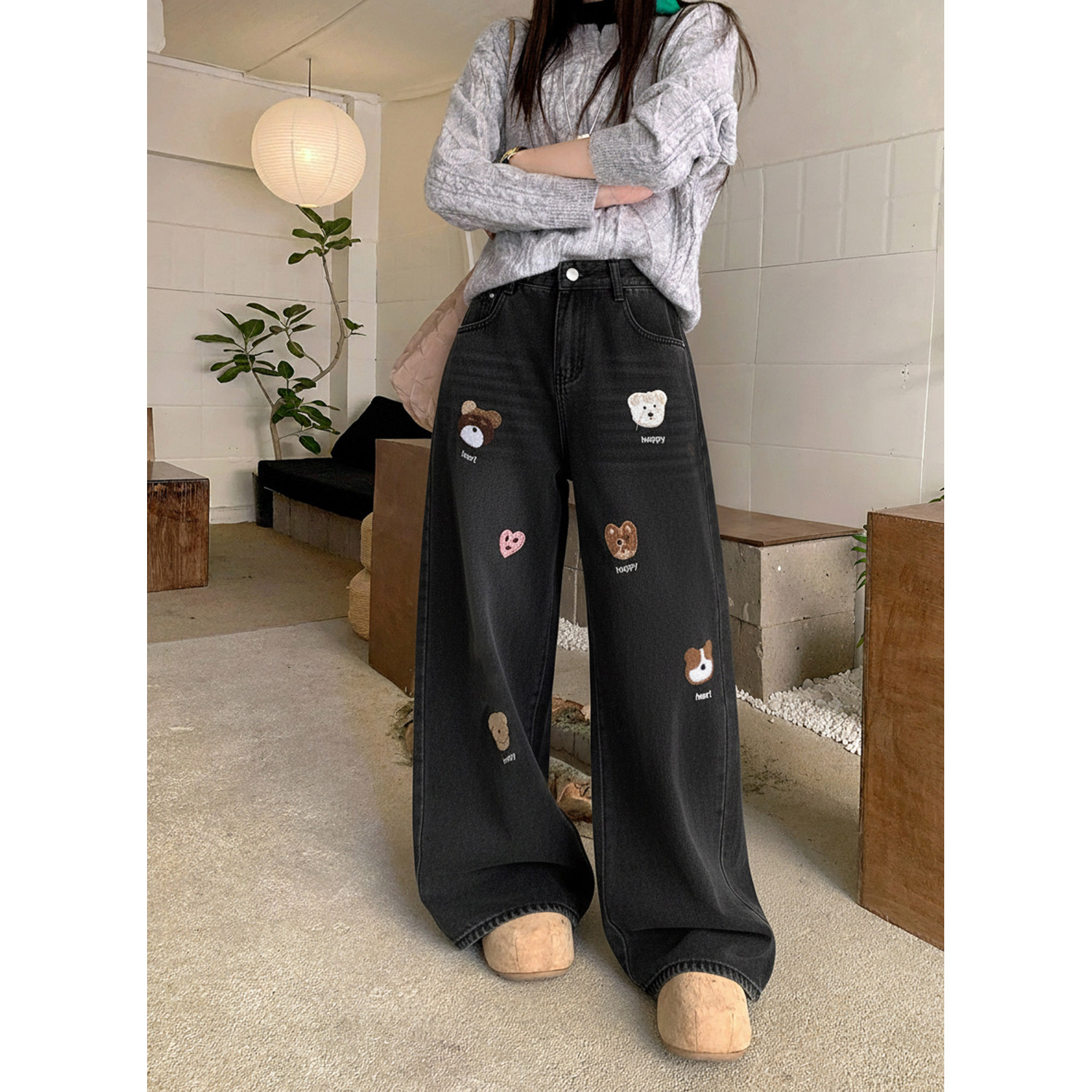 大码女装绝美小狗刺绣牛仔裤胖mm秋冬加绒美式复古宽松直筒阔腿裤,淘宝优惠券,粉丝福利购,淘宝优惠卷