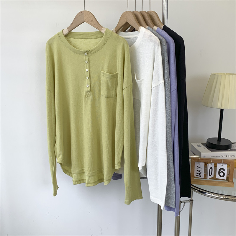 纽扣设计感扣雪花透视长袖防晒衣女夏季宽松圆领套头纯色空调衫女 - 图0