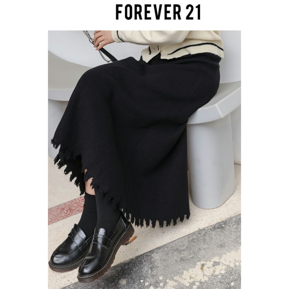 Forever 21「又巷」 黑色半身裙女2023冬季新款复古设计感毛边高 - 图1