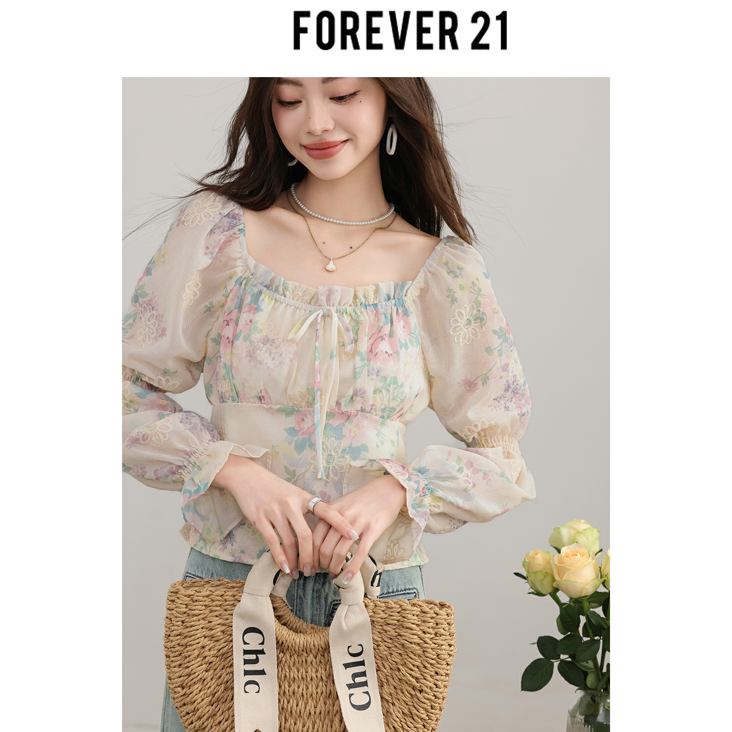 Forever 21【人间花仙子】碎花衬衫女2024夏季新款法式方领甜美长 - 图0