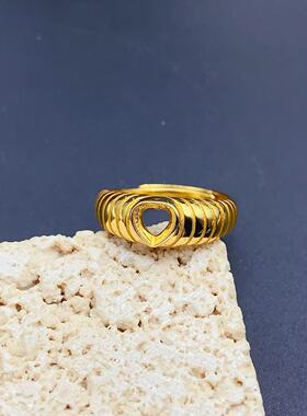 s925银复古螺旋肌理爱心空托心5mm厚实戒臂简约高级DIY镶嵌彩宝