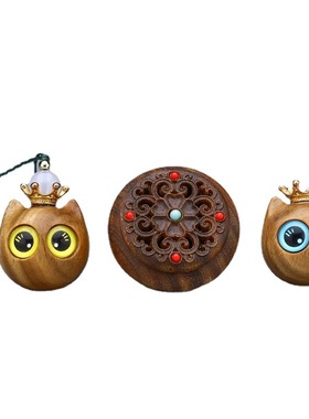 绿檀木雕创意猫香囊吊坠可打开手