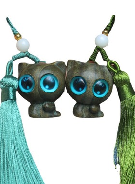 绿檀木可爱小猫手机链挂件吊坠绿