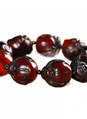 藏牦牛角精雕蝙蝠寿桃手链牛角福