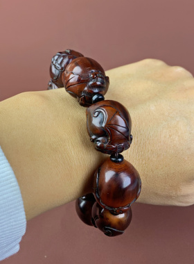 藏式天然西藏红牦牛角雕刻寿桃手