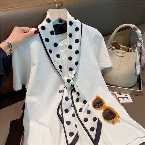 气质波点飘带女春秋季仿真丝长条小丝巾小领巾绑包包发带装饰围巾 - 图1