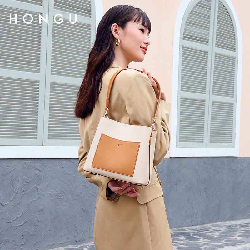 红谷2021新款潮流牛皮单肩斜挎包 红谷女士包袋