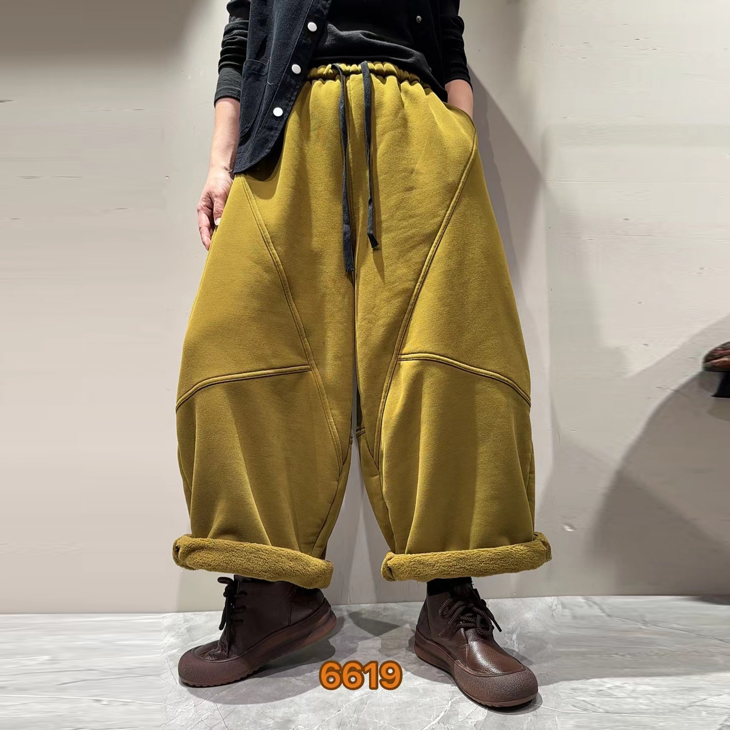 欧货复古加绒针织棉卫裤女宽松大码长裤洋气妈妈休闲裤纯色老爹裤 - 图3