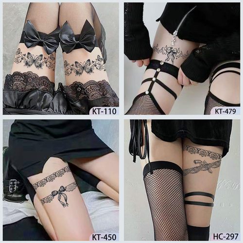 性感腿环草本纹身贴防水女持久蝴蝶结大腿黑丝贴纸仿真刺青不反光 - 图0