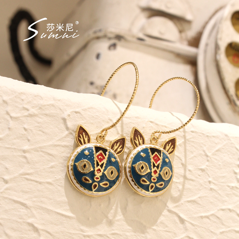 sumni/复古珐琅彩招财猫耳环女独特小众设计感高级耳挂耳饰 - 图1