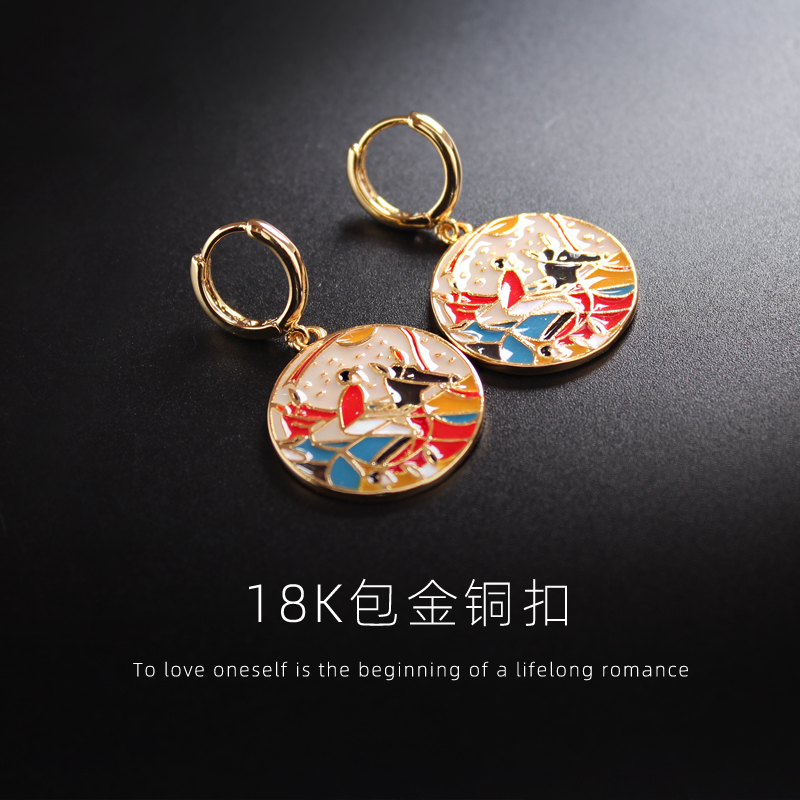 sumni/莎米尼春款抽象赛马图珐琅滴釉国风系列18K包金铜耳钩耳坠 - 图1
