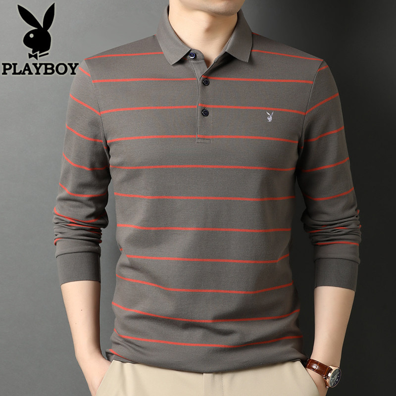 花花公子条纹长袖纯棉秋冬polo衫 家缘服饰T恤
