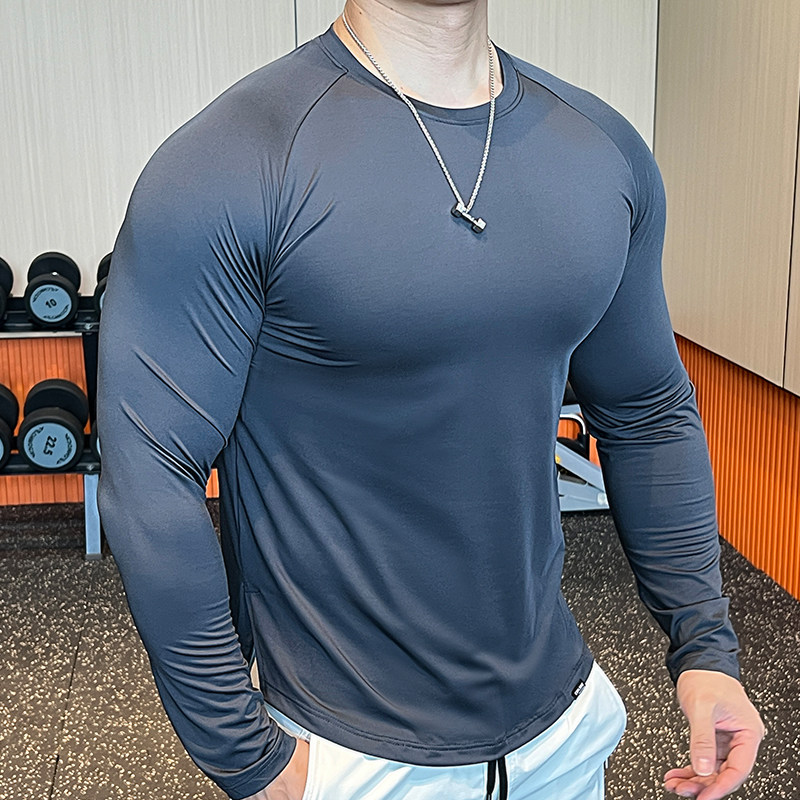 新款男士长袖圆领健身衣运动跑步紧身速干打底衫弹力透气运动服 - 图1