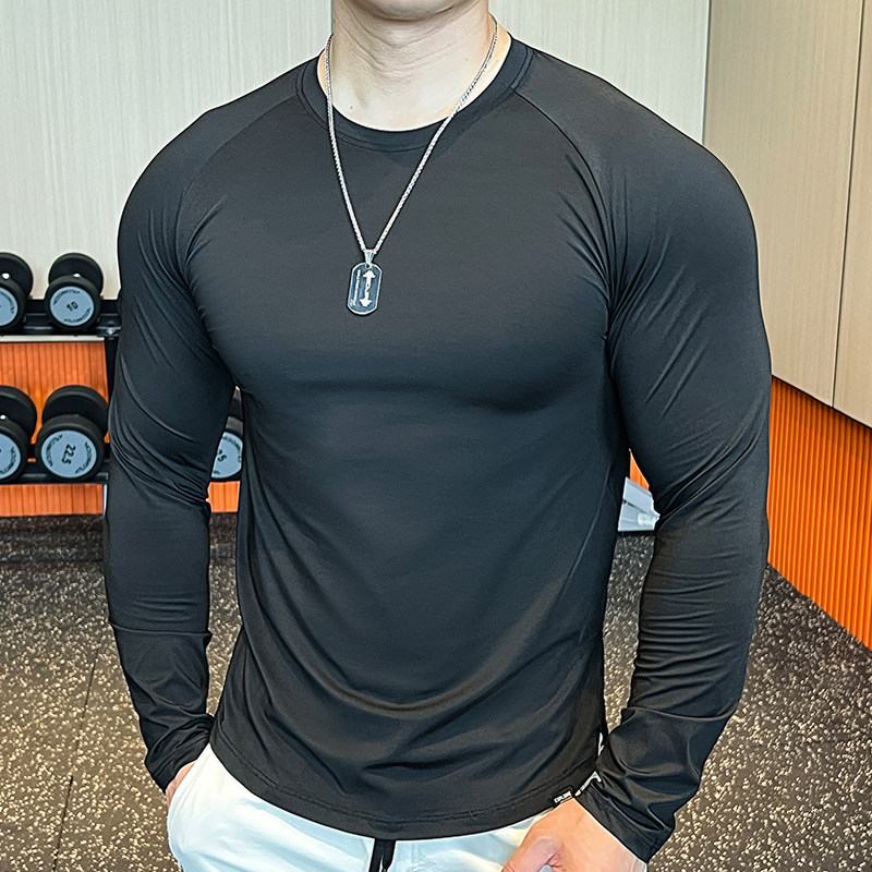 新款男士长袖圆领健身衣运动跑步紧身速干打底衫弹力透气运动服 - 图3