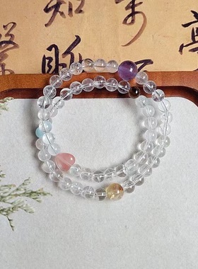天然紫水晶黄塔晶双圈手链简约小众设计白水晶手串铜钱招财手饰女