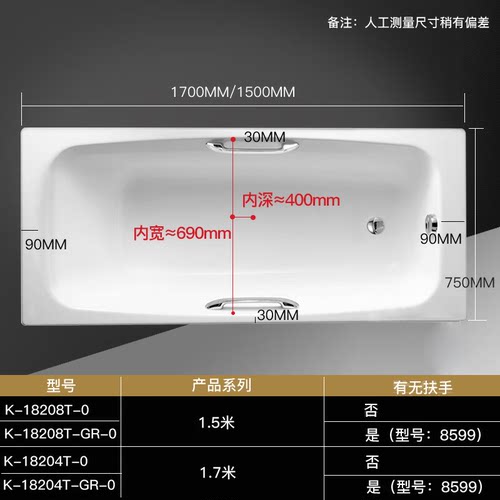 科勒铸铁浴缸搪瓷嵌入式1.5m1.7加宽大号宽75CM家用成人浴盆18208 - 图3