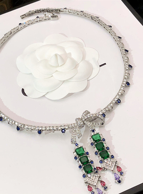 超闪满钻高级感祖母绿彩宝项链