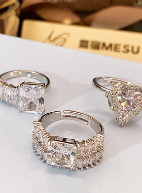 闪钻开口方钻戒指小众设计