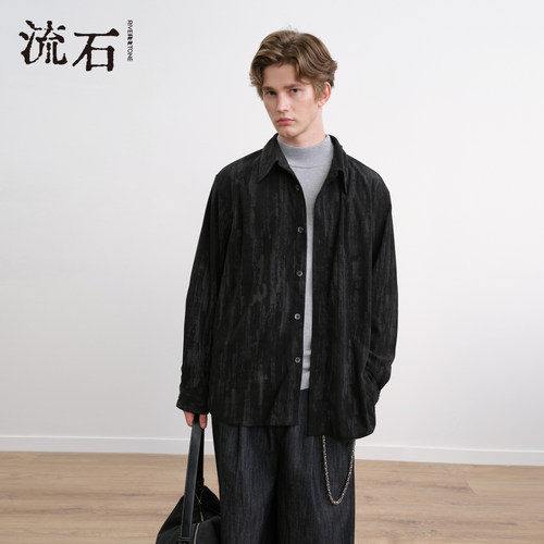 流石男装竖条纹灯芯绒衬衫外套2026年冬季新款男款加厚迷彩衬衣潮 - 图0