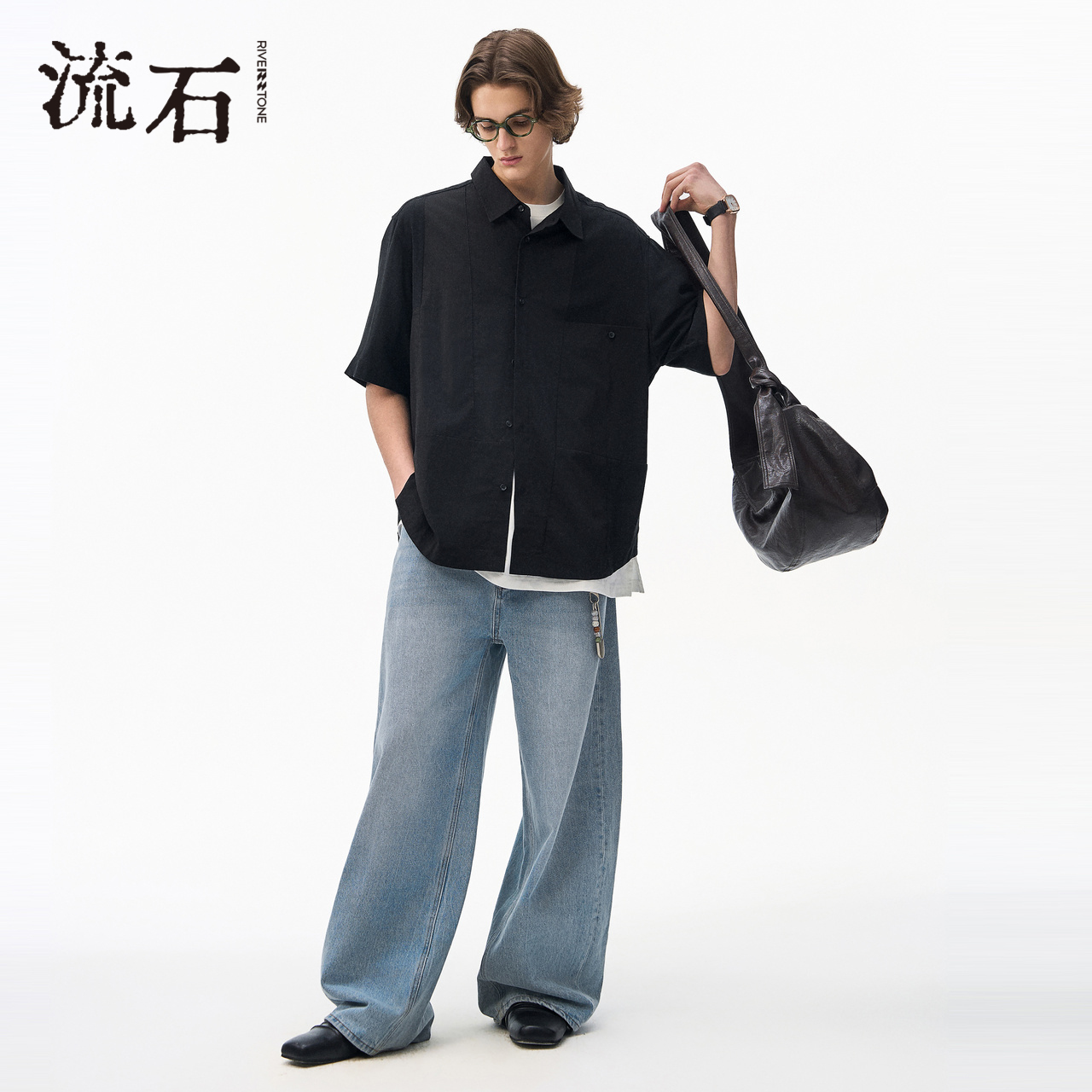 流石男装黑色天丝短袖衬衫2025年新款男款透气莱赛尔设计感衬衣潮