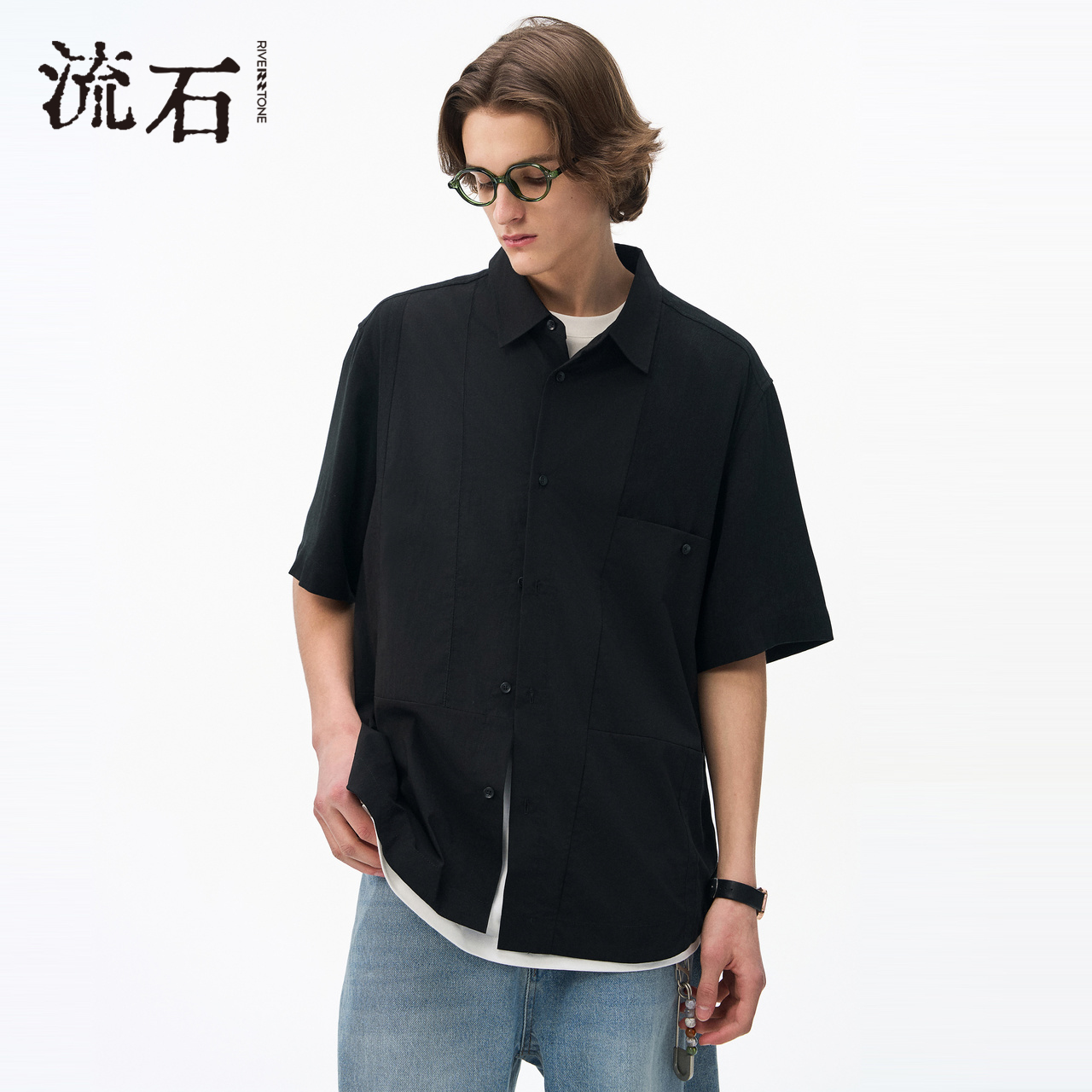 流石男装黑色天丝短袖衬衫2025年新款男款透气莱赛尔设计感衬衣潮
