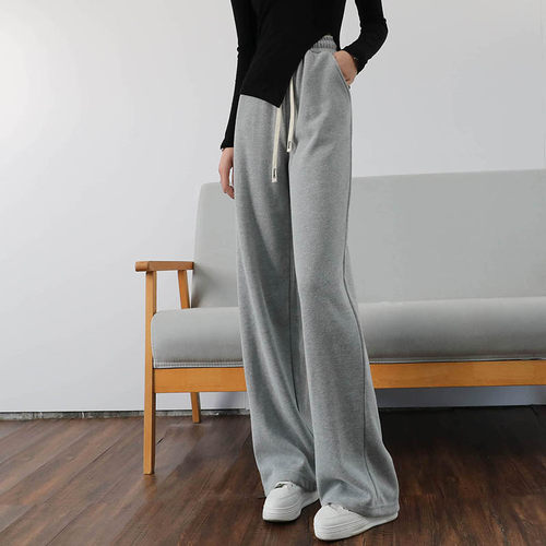 灰色窄版阔腿裤女高个子加长直筒裤秋冬垂感运动裤高腰超长拖地裤 - 图1