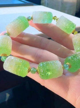 魅晶天然水晶晶体通透清新嫩绿色西瓜回纹手链