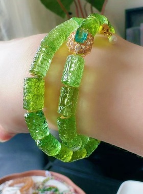 魅晶天然水晶晶体通透铬绿色雕刻回纹双圈手串手链