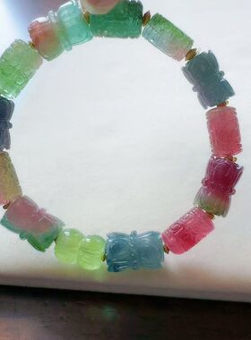 魅晶天然水晶晶体通透雕刻西瓜莲花回纹珠手链