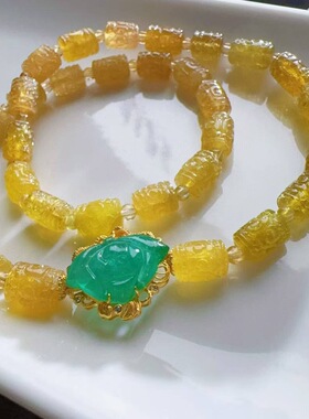 魅晶天然水晶晶体通透雀黄碧玺回纹双圈手链