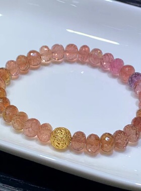 魅晶天然水晶晶体通透玻璃体芬达橙红紫碧玺面18k金手链