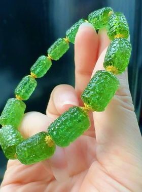 魅晶天然水晶晶体通透铬绿色金雕刻回纹手链