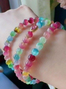 魅晶天然水晶晶体通透绚丽多彩的西瓜碧玺多圈手链