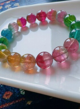 魅晶天然水晶晶体通透塔尖红蓝芬达撞色西瓜碧玺手链