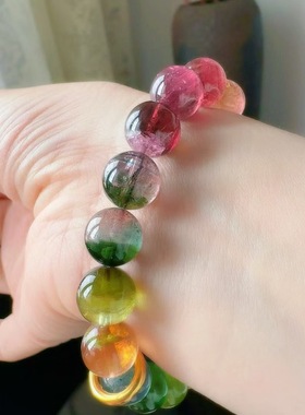 魅晶天然水晶晶体通透仙黄色带绿调明艳七彩色西瓜碧玺手链