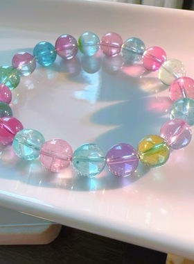 魅晶天然水晶晶体通透冰透拉丝粉人鱼色碧玺单圈手链