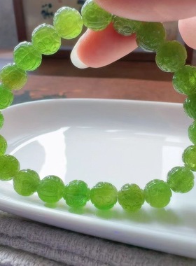 魅晶天然水晶晶体通透阳绿色碧玺雕刻回纹珠手链