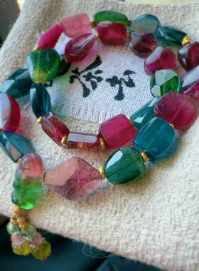 魅晶天然水晶晶体通透浓艳红宝石碧玺原石双圈手链