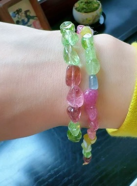 魅晶天然水晶晶体通透粉绿色碧玺原石双圈手链