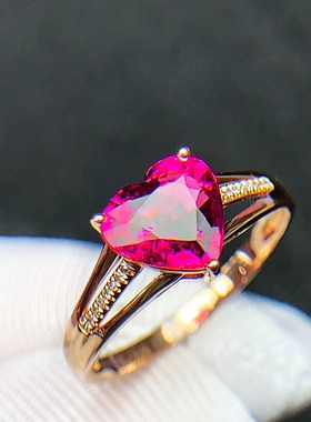 天然原矿晶体通透卢比莱碧玺戒指18k金镶嵌，