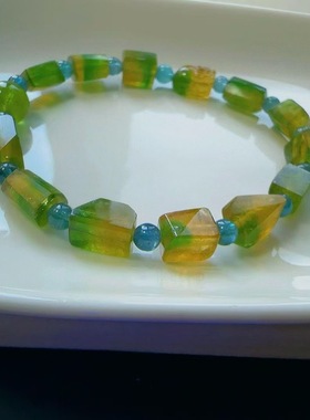 魅晶天然水晶晶体通透黄绿交织碧玺原石手链