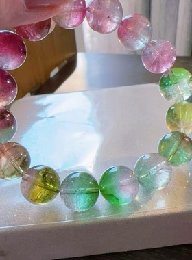 魅晶天然然水晶晶体通透粉绿色系西瓜碧玺手链