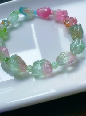 魅晶天然水晶晶体通透清透果绿色碧玺原石手链