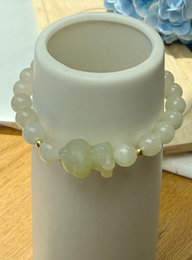 【天然】原创浅晴水和田玉手串女款玉石手链女款带脏脏熊和田玉女