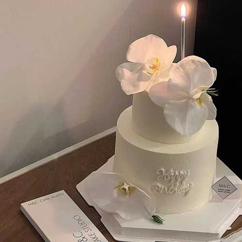 小红书同款韩式女神生日蛋糕装饰仿真白色蝴蝶兰花蛋糕插牌插件 - 图0