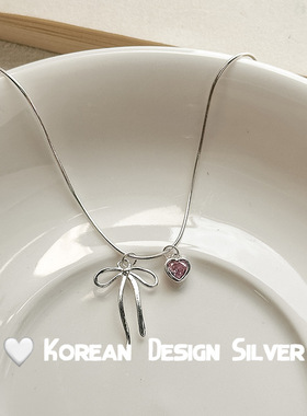 蝴蝶结粉钻s925纯银爱心项链女ins 甜美简约小众设计少女心