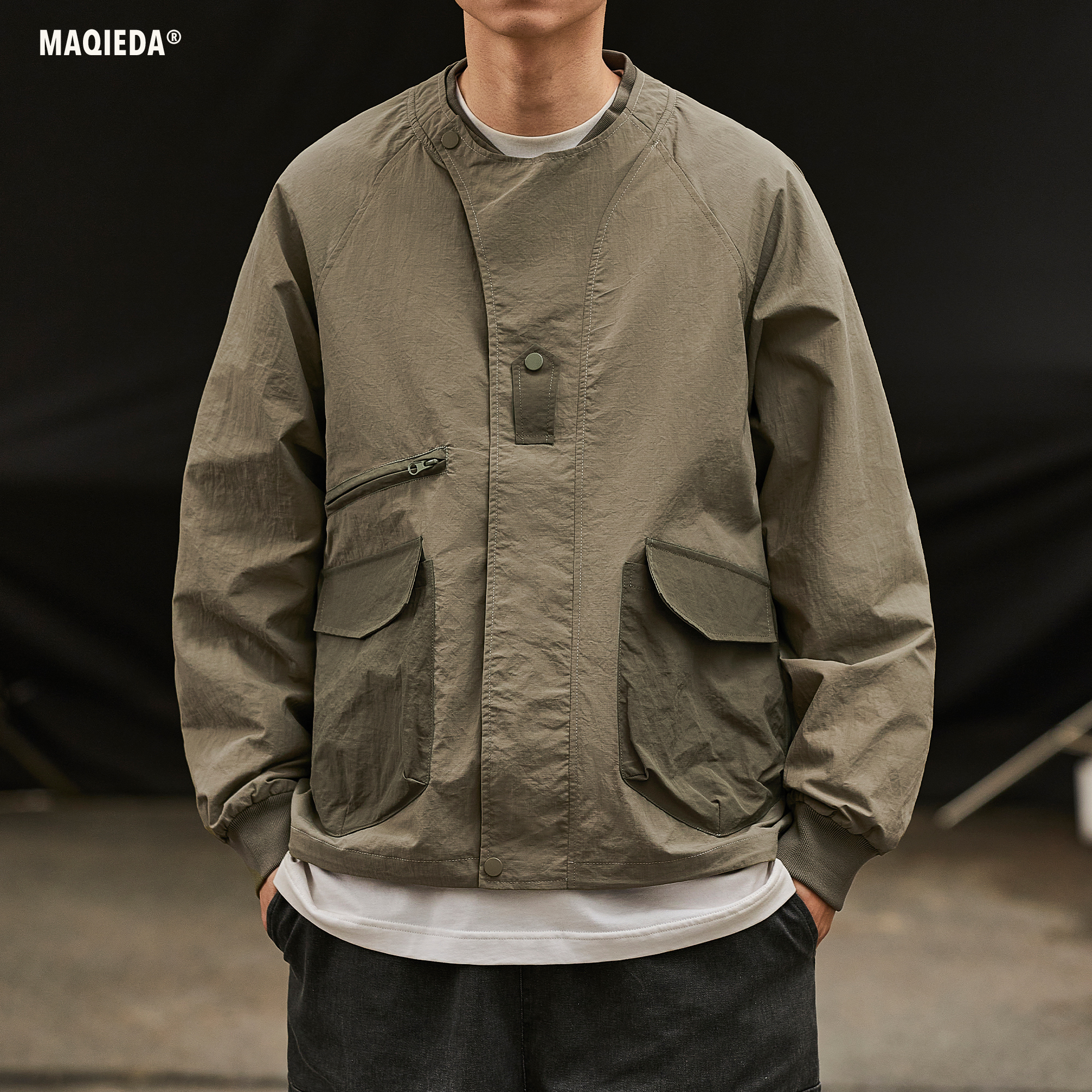 马切达秋季男士日系纯色夹克复古宽松外套春秋款男生机能工装长袖 - 图1