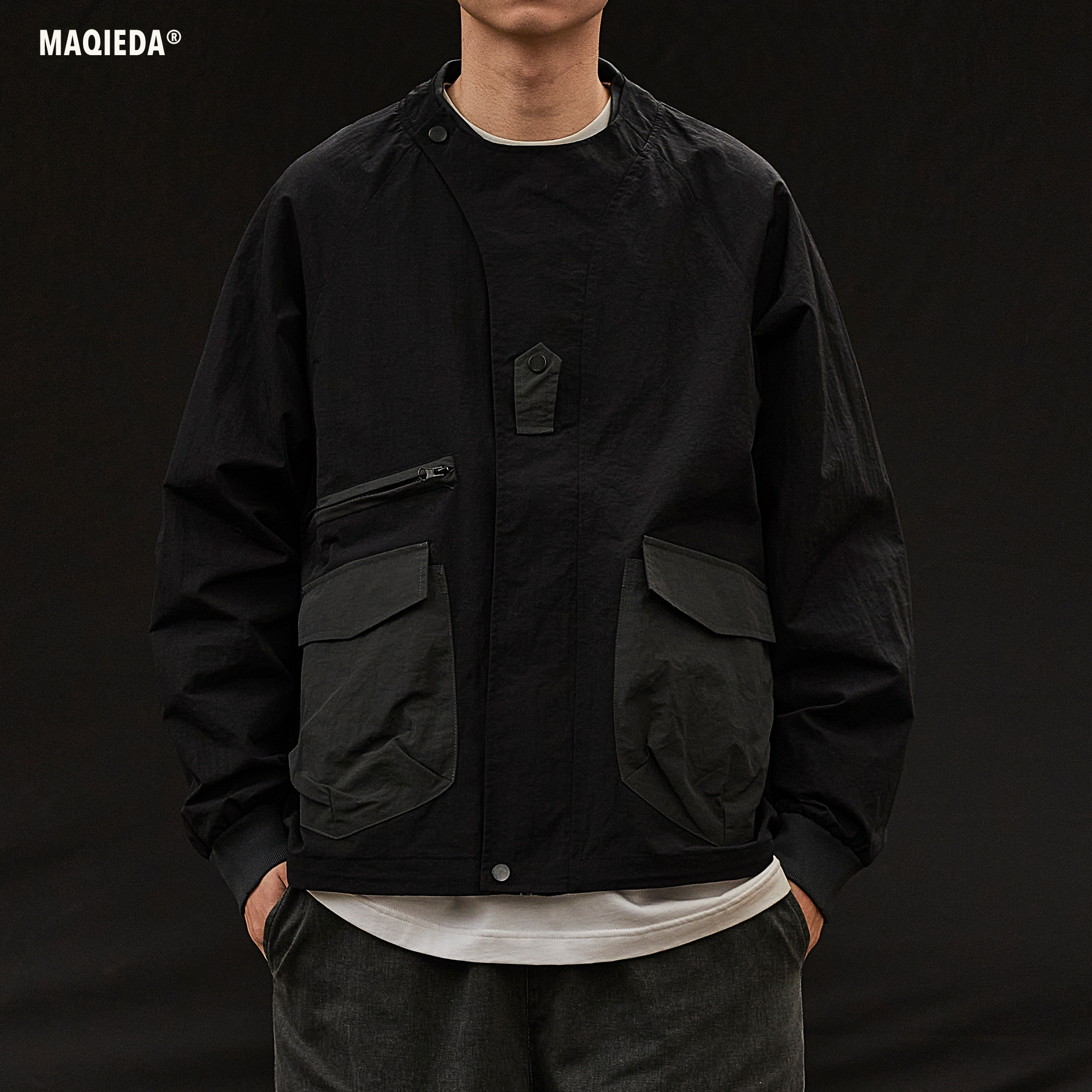马切达秋季男士日系纯色夹克复古宽松外套春秋款男生机能工装长袖 - 图0