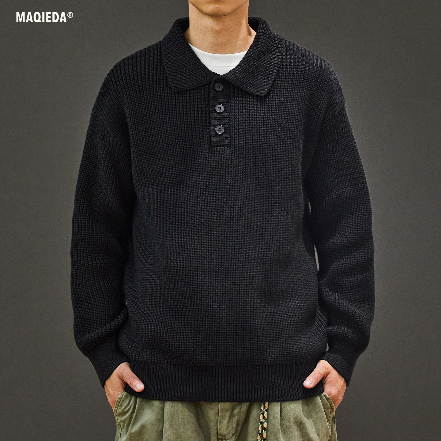 马切达秋季日系纯色休闲polo衫男士翻领百搭针织衫秋冬保暖毛衣潮,淘宝优惠券,粉丝福利购,淘宝优惠卷